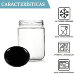 12 Tarros de Cristal de 450 ml con Tapas Negras+ EBook de 102 Recetas para realizar en Tarros