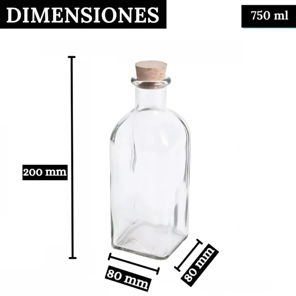 Pack 6 Frascas de Cristal de 750 ml con Tapón de Corcho - Frascos Cuadrados Herméticos Rellenables y Reutilizables - Imagen 2