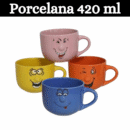 Set de 4 Tazas de Porcelana de 420 ml - Diseño Divertido con Caritas en Colores